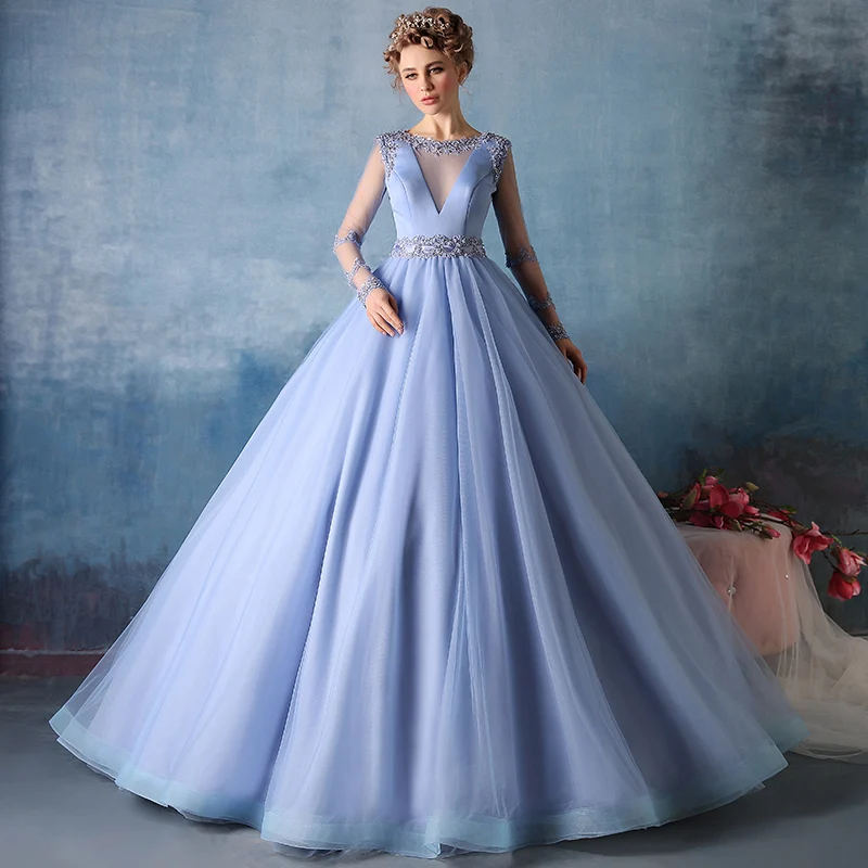 Fashion Sky Blue Prom  Dress  Sheer Long  Sleeve  Prom  Dresses  