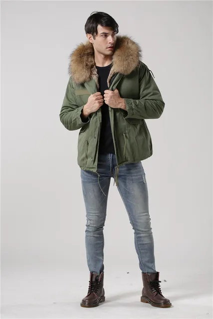 Cheap Italy male real raccoon fur collar jacket Mr Mrs fur lined short parka with faux rabbit fur winter male coats