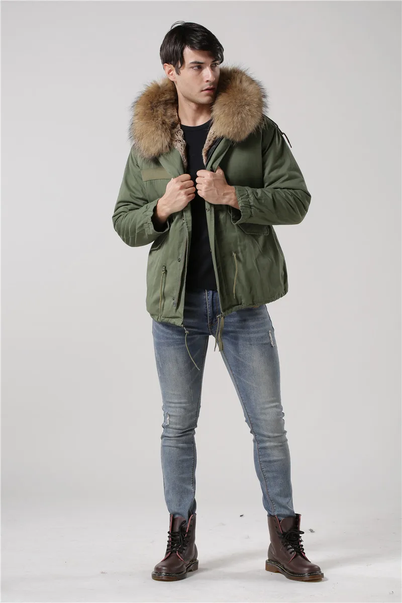 Italy male real raccoon fur collar jacket Mr Mrs fur lined short parka with faux rabbit fur winter male coats