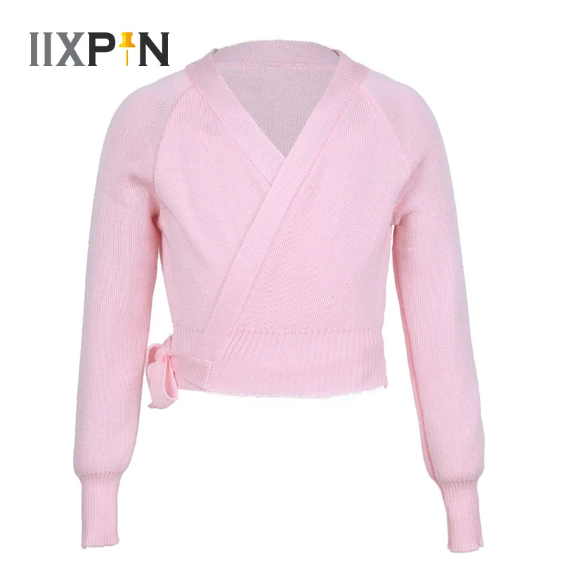 

IIXPIN Kids Girls Classic Ballet Wrap Sweater Long Sleeve Knit Wrap Sweater Ballet Dance Cardigan Warm-up Gymnastics Costumes