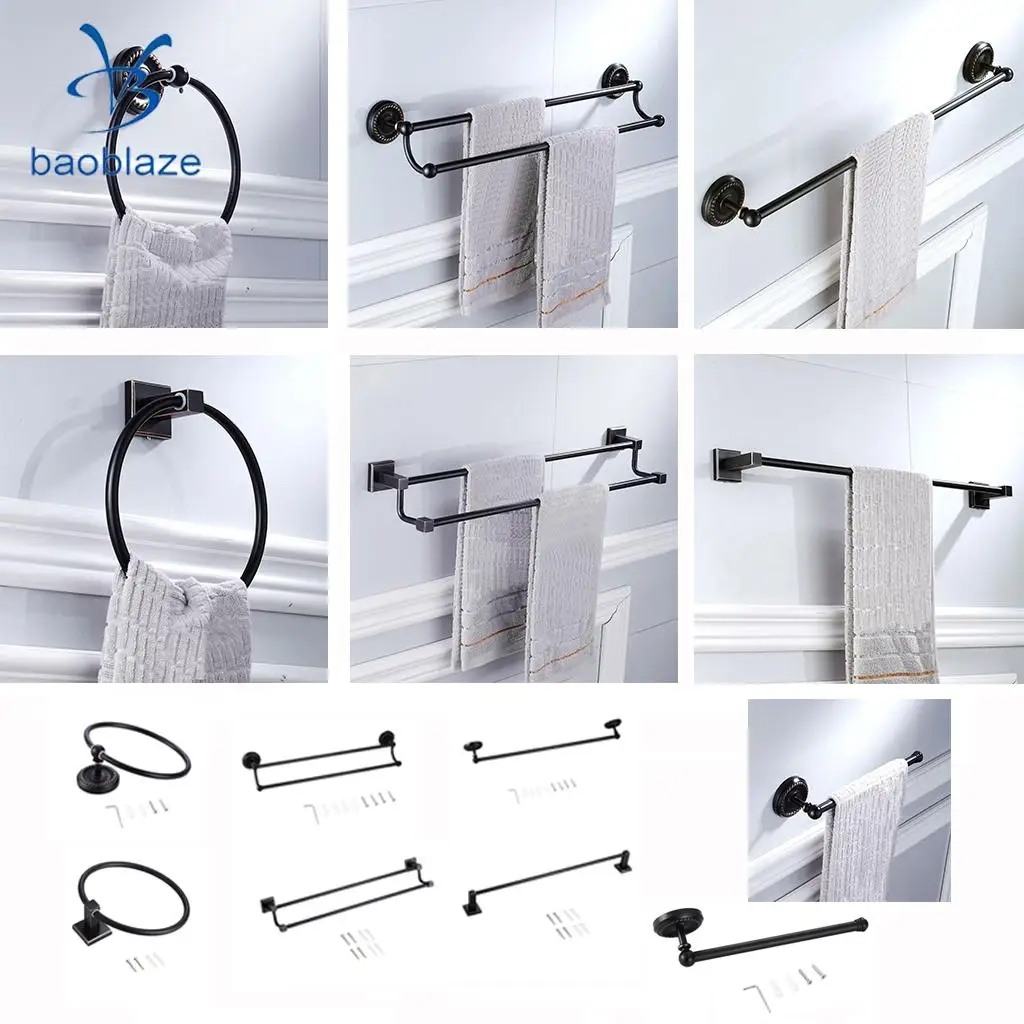 Baoblaze Large Towel Holder Rack, Bath Hanger Hook Wall Mounted Bathroom Black Brass - 1 Line, 2 Line, Round Ring Types Select