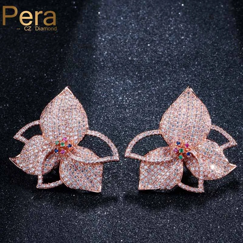 Серьги-гвоздики Pera Sparkling Mirco Pave с кубическим цирконием, романтические серьги с большим цветком из розового золота для женщин, вечерние серьги E150