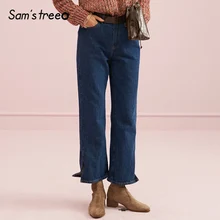 Samstree, Осень-зима, женские джинсы, свободные, с разрезом, женские синие джинсы, прямые, повседневные, для молодых девушек, длинные штаны