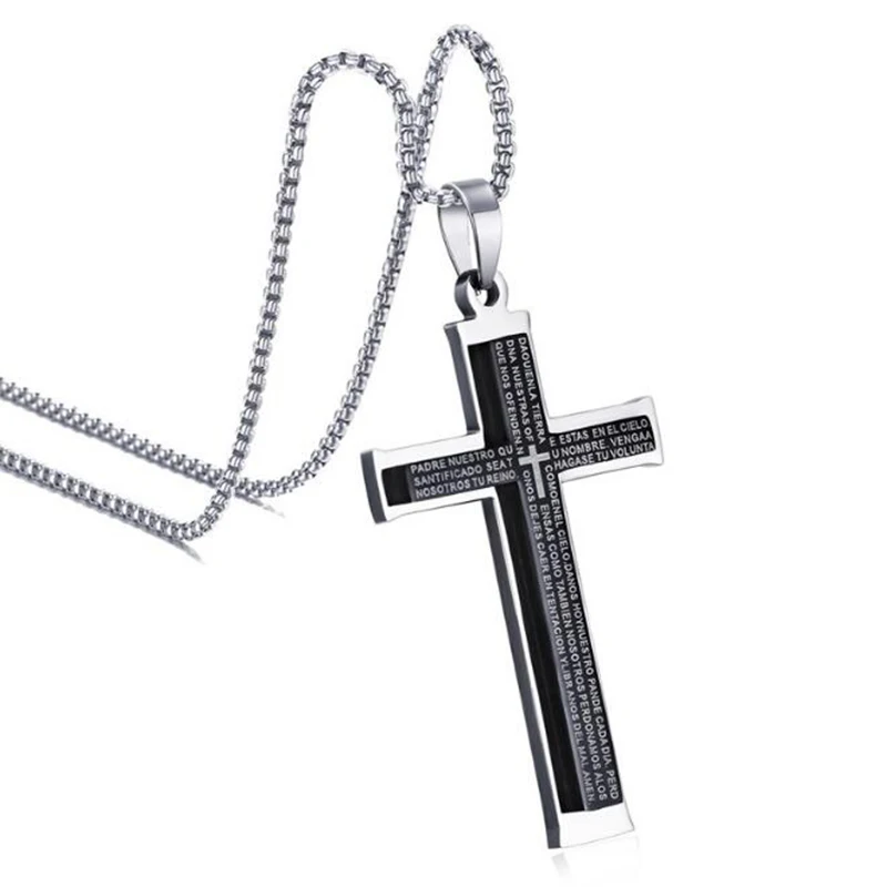 

Religion Jewelry Unisex Stainless Steel Espana Bible Prayer Necklace Cross Faith Pendant for Mens Womens Black 20 inch Chain