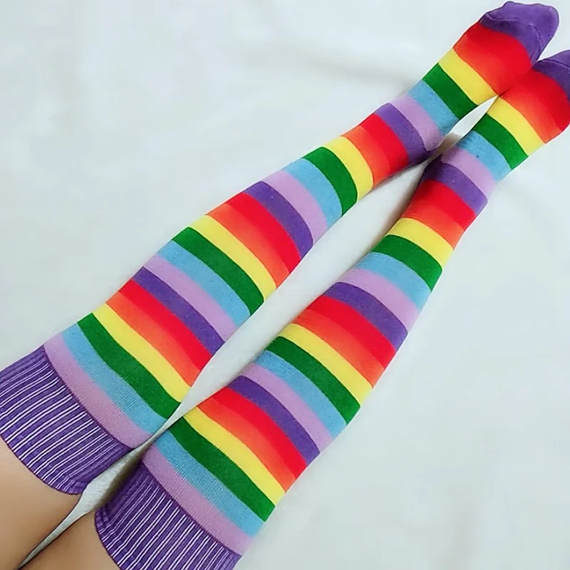 Women Girls Rainbow Striped Stockings Cute Cotton Thigh High Mixed Colored Long Stockings