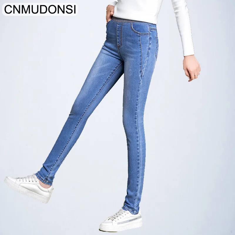 CNMUDONSI Мода г. деним классический обтягивающие джинсы для женщин; большие размеры для дам бойфренда jean jeggings Брюки девоче - Цвет: A222Lightblue