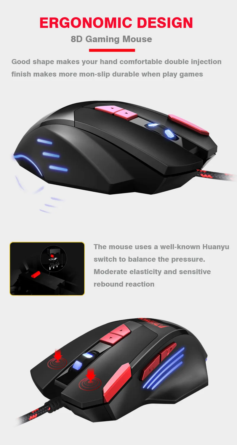 FELYBY Wired RGB Gaming Mouse 8 Programmable Buttons 6800 DPI Adjustable Optical Gaming Mouse Ergonomic Mouse With Fire Button