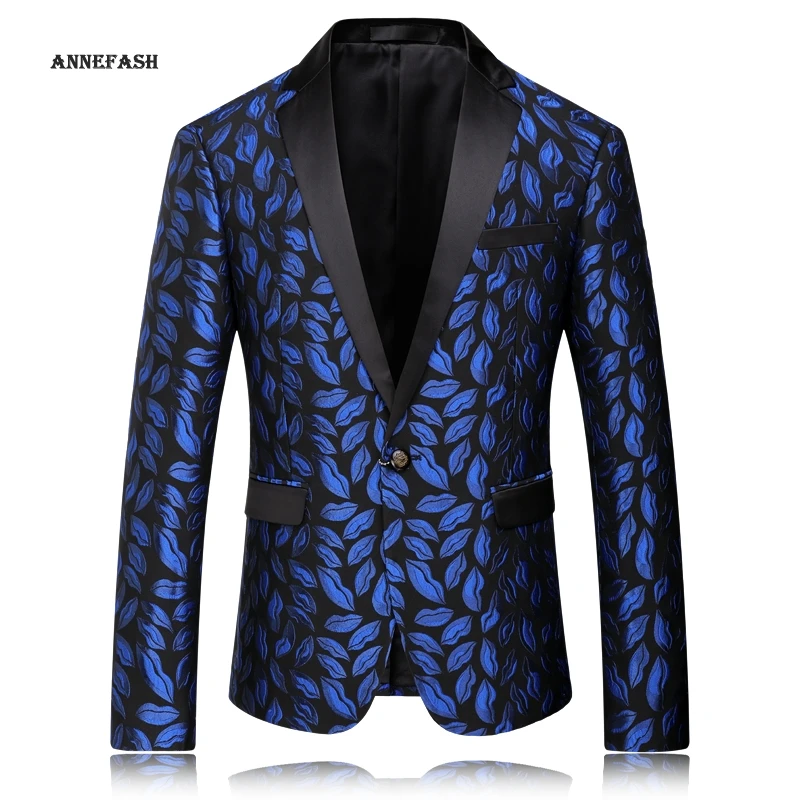 

Mens Royal Blue Printed Blazer Pattern Slim Fitted Prom Blazers Men One Button Suit Jacket Stage Costumes For Singers