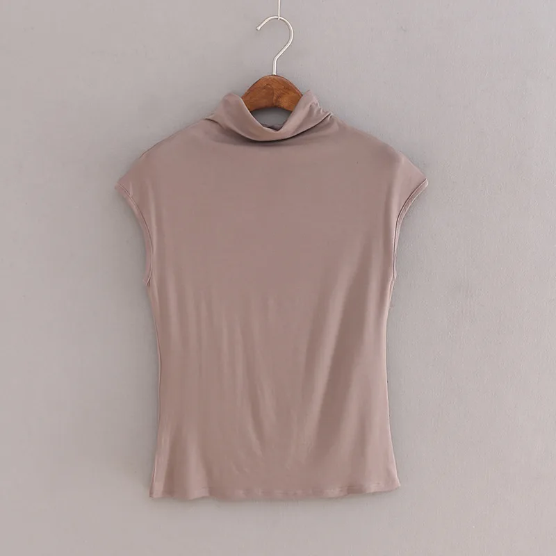 women fashion Summer Basic solid sleeveless T-shirt women autumn Tops Tees cotton turtleneck t shirt women camisetas mujer D122