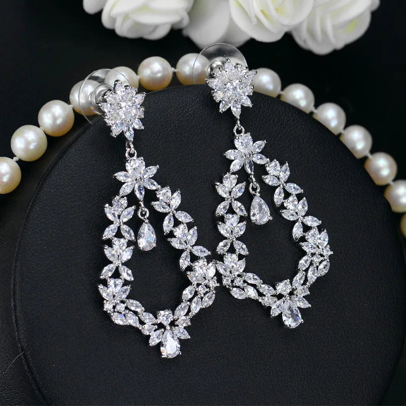 

2018 Fashion Bridal Female White Drop Earrings 18KT Gold Filled AAA Zircon Jewelry Charm Long Dangle Earrings For Women