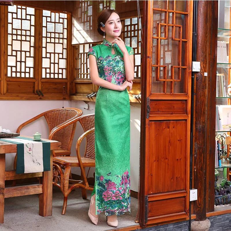 Дизайн Colofully Кружева Зеленый cheongsam вечернее платья разрез Классическая Chinses Cheongsam Для женщин/леди/девушки Платья для вечеринок