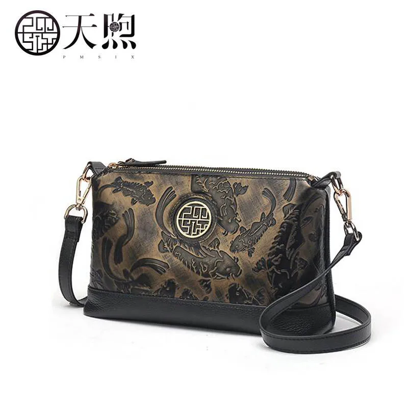 

First layer cowhide small square bag female 2019 new ethnic style printed shoulder Messenger bag