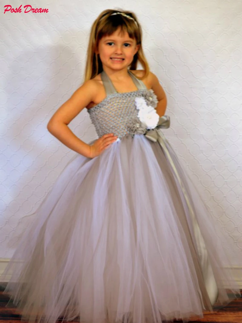 

Grey and White Flower Kids Girls Dresses Diamond and Pearls Couture Flower Girl Tutu Dress Children Wedding Ball Gown for Party