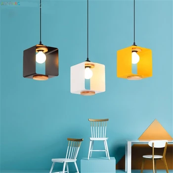 

JW_Nordic Personality LED Square Pendant Lamps Macaron Iron Pendant Lights for Living Room Bedroom Bedside Restaurant Lighting