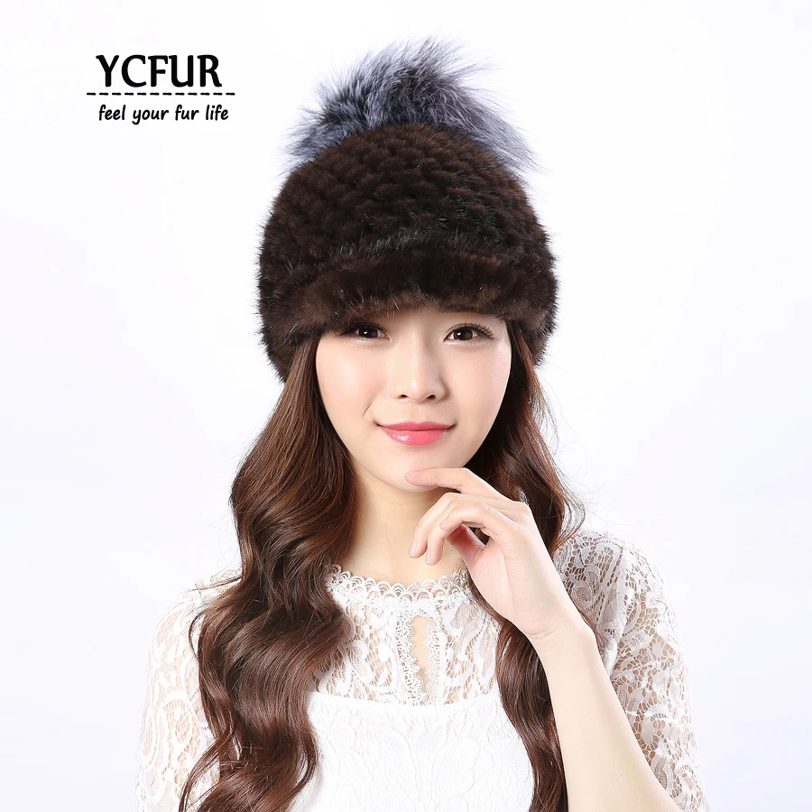 YCFUR, женская зимняя теплая шапка, шапки, вязаные шапки из натурального меха норки с помпоном из меха серебристой лисы, шапка бини, женская зимняя шапка