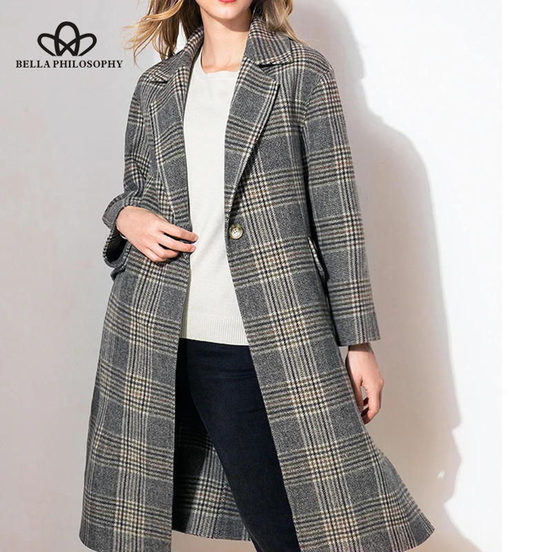 Wonder 2018 new Autumn Winter Woolen Plaid Stripy Women Coats Turn-down Collar Long Ladies Overcoat England Style Coat