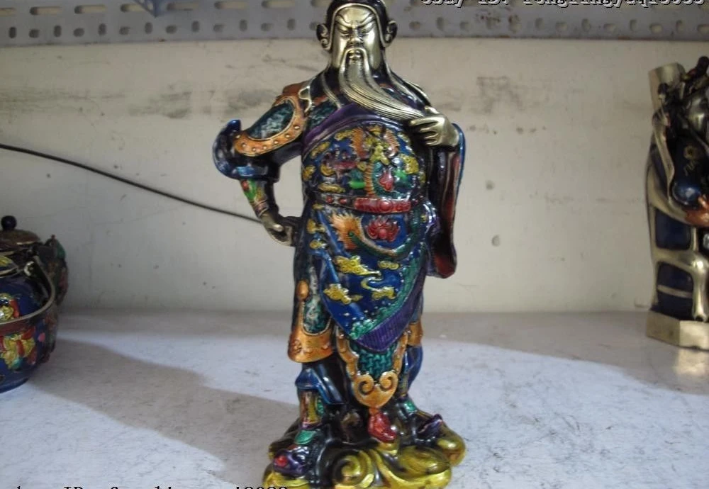 

China Folk Copper Bronze Painted Dragon Guan Gong Guan Yu Warrior Buddha Statue