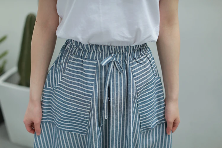 leather skirt Spring Summer Women Vertical stripes Skirts Casual Loose Cotton Linen Female With Pockets Vintage Elastic waist lacing Skirts tennis skirt outfits