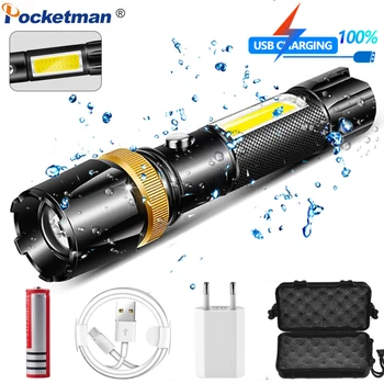 

Brightest LED COB Flashlight USB Torch T6 L2 Flashlight Rechargeable 5 Modes Flashlight Waterprof LED Torch with 18650 Battery