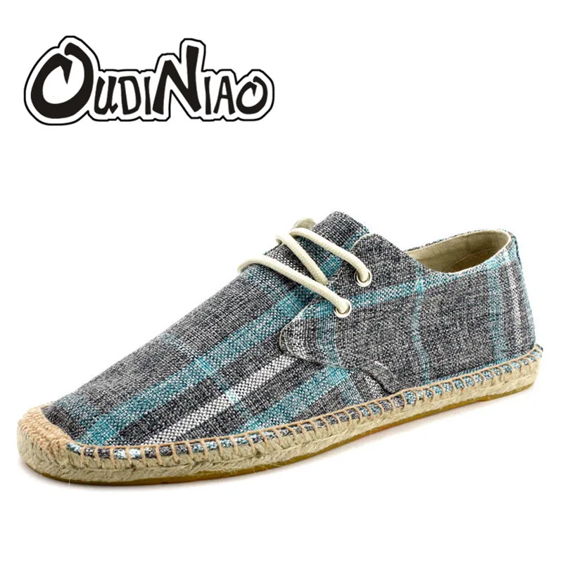 

OUDINIAO Hemp Rope Plaid Designer Mens Shoes Summer Lace Up Espadrilles Men 2018 Canvas Shoes Men Breathable Men's Loafers
