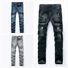 Дропшиппинг мужские джинсы вымытые серые мото джинсовые брюки, рваные водитель, байкер джинсы ретро мотоцикл хип хоп Slim Fit Плюс Размер 28-42