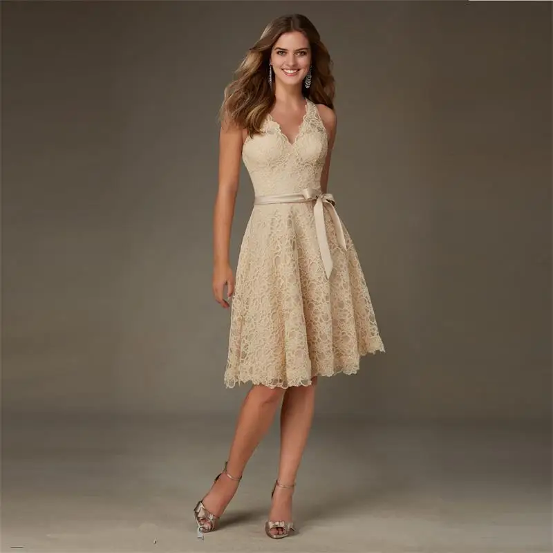 Knee Length Champagne Lace Bridesmaid Dresses With Sashes New 2016 Sexy V Neck Tank Cheap Plus