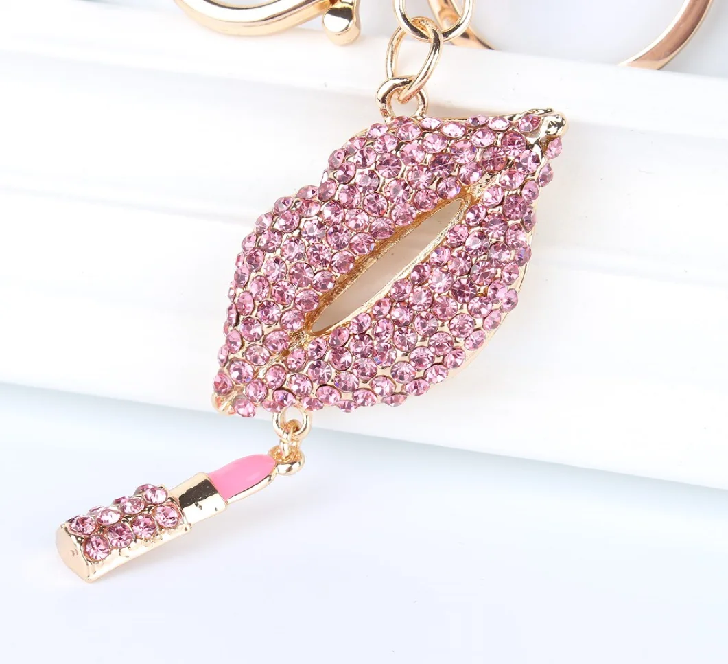 Pink Lip Lipstick Pendant Charm Rhinestone Crystal Purse Bag Keyring