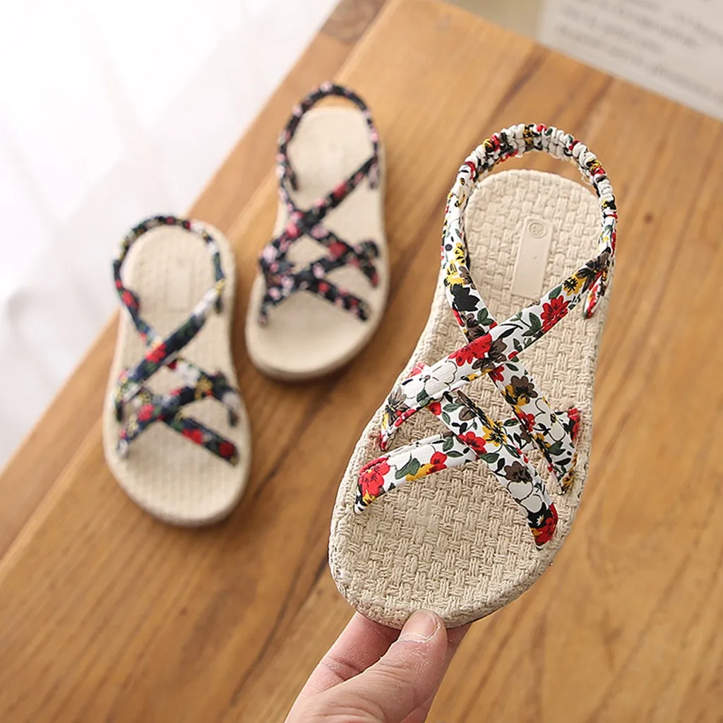 MUQGEW/детская обувь для девочек; сандалии в римском стиле с перекрестными ремешками и цветочным принтом для девочек; коллекция года; Летняя Пляжная повседневная обувь принцессы
