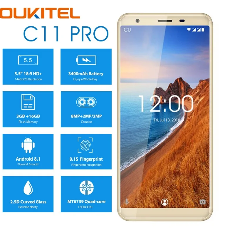 

Golden OUKITEL C11 Pro 4G Smartphone 5.5 inch 18:9 Android 8.1 Quad Core 3GB RAM 16GB ROM Cell phones 3400mAh Mobile Phone