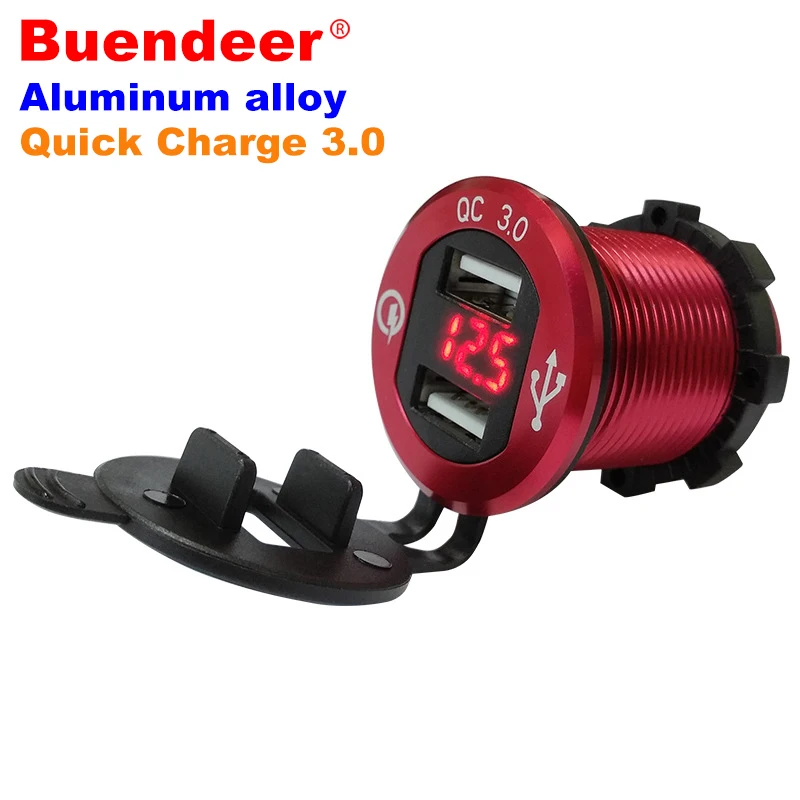 

QC3.0 Quick Charge Dual USB Port For iPhone Cell Phone Charging Adapter With LED Voltage Display Dustproof Cap Car Motorcycle
