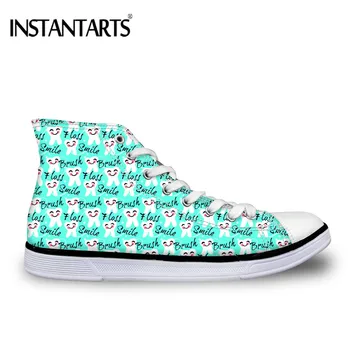 

INSTANTARTS Autumn Vulcanize Fashion Cartoon Tooth Prints Women Flats Shoes Canvas High Top Classic Casual Chaussures Femme 2018