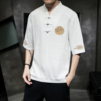 

#0372 Chinese Style Streetwear Cotton Linen T Shirt Men Embroidery Front Buttons Plus Size 5XL Retro Vintage T-Shirt Summer Tops