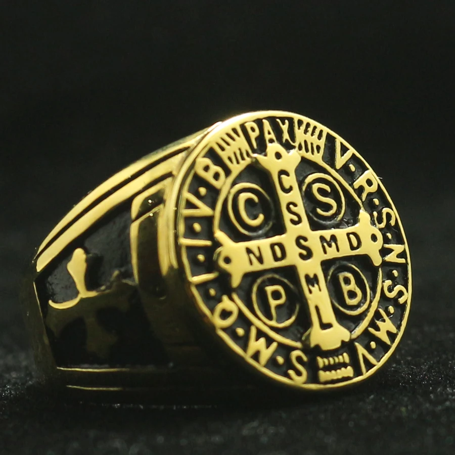 

Saint Benedict of Nursia CSPB CSSML NDSMD 316L Stainless Steel Christianity Catholic Church Jesus Exorcism Golden Cross Ring