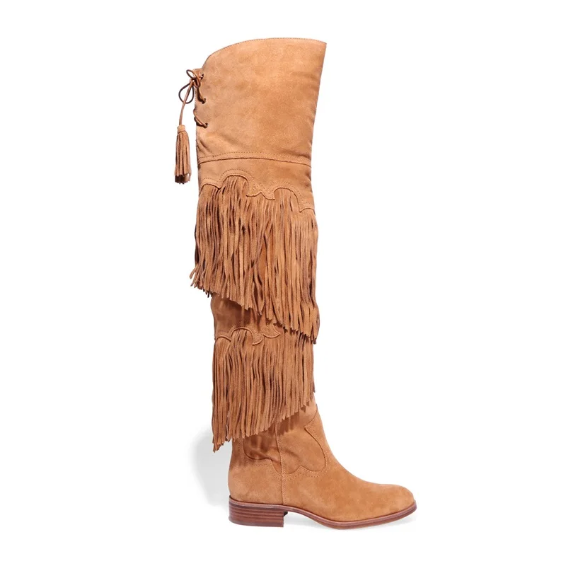 borla La Botas Franja De As Plana Picture Alta Calidad Encima Zapatos Caballero Rodilla Encaje Invierno Por Moda Marrón Mujer wFvXqX