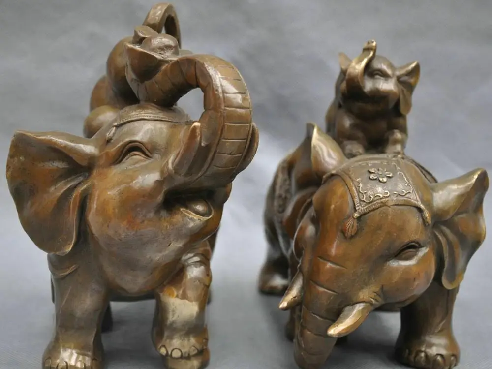 

7" China Bronze Auspicious Feng Shui gourd Yuanbao Elephant pair Statue