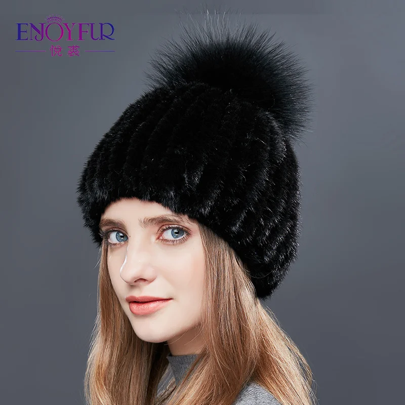 Женская шапка с помпоном ENJOYFUR, теплая толстая шапка бини из натурального меха норки на зиму - Цвет: 01
