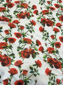

red rose flowers print silk chiffon fabric,soft chiffon thin fabric for dress, long beach dress chiffon clothing tissue fabric