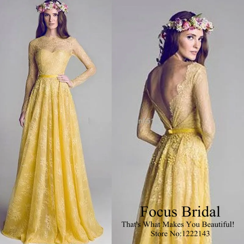 Free Shipping 2014 New Illusion Neckline Backless Yellow Lace A-Line Long sleeve Bridesmaid Dresses | Свадьбы и торжества