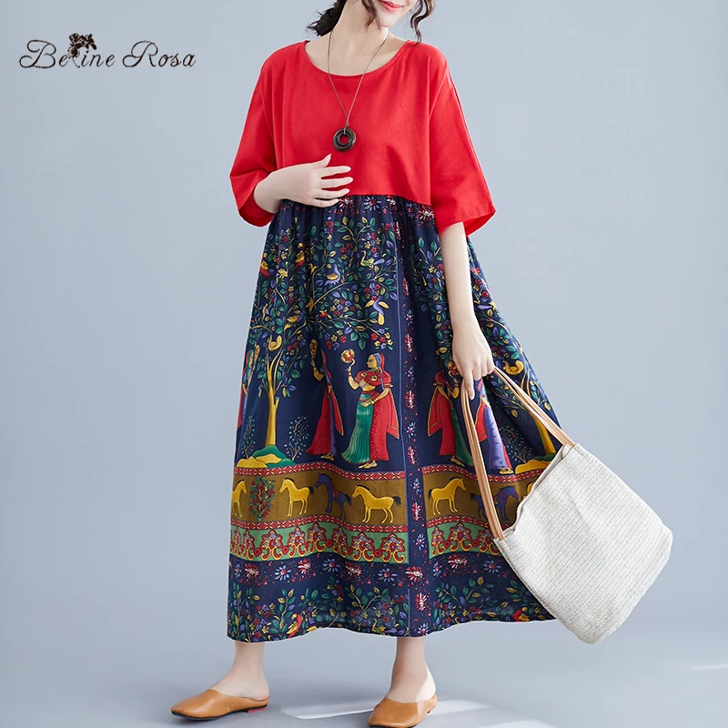 BelineRosa Винтажный стиль лоскутный принт Высокая талия большие размеры платья Летний стиль элегантные дамские платья с принтом j00002