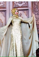 A-line High Collar Long Sleeve WIth Hijab Embroidery Floor Length Fashion Women Dresses 2016 Evening Dress for Muslim