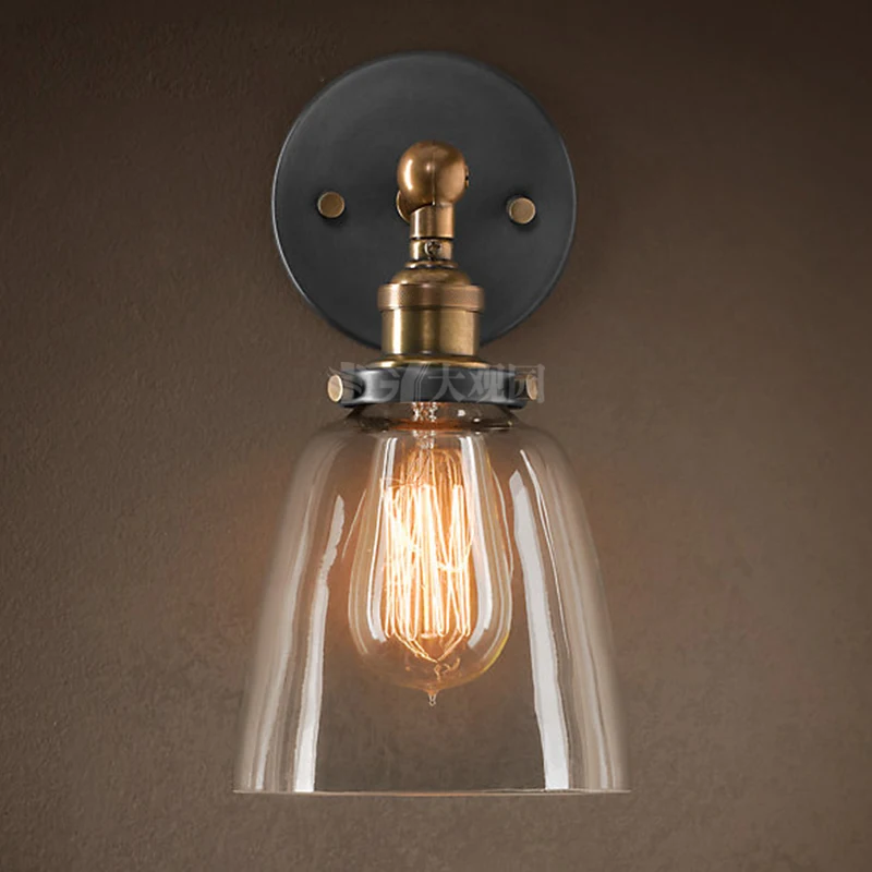 American loft retro antique clear glass lampshade wall lamp vintage E27 Edison bedroom decoration brass iron adjustable LED lamp