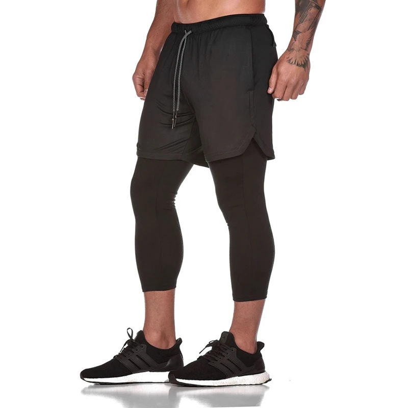 

Puimentiua Brand Mens Sportswear Legging Feet Pants Fake 2 Pieces Nine Pants Running Fitness Work Out Short Pants Men Joggers