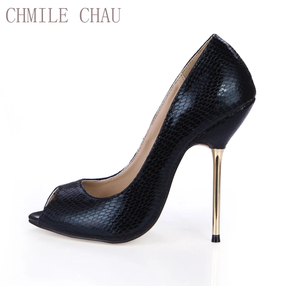 

CHMILE CHAU Snakeskin Party Shoe Women Peep Toe Stiletto High Iron Heels Dress Ladies Pump Plus Sizes 9.5 Zapatos Mujer 3845-a13