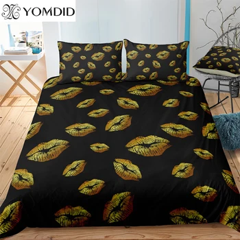 

Home Textile Bedding Sets Gold Lips Duvet Cover Set For Home Hotel Decoration Polyester Black Background Quilt Cover Pillowcase