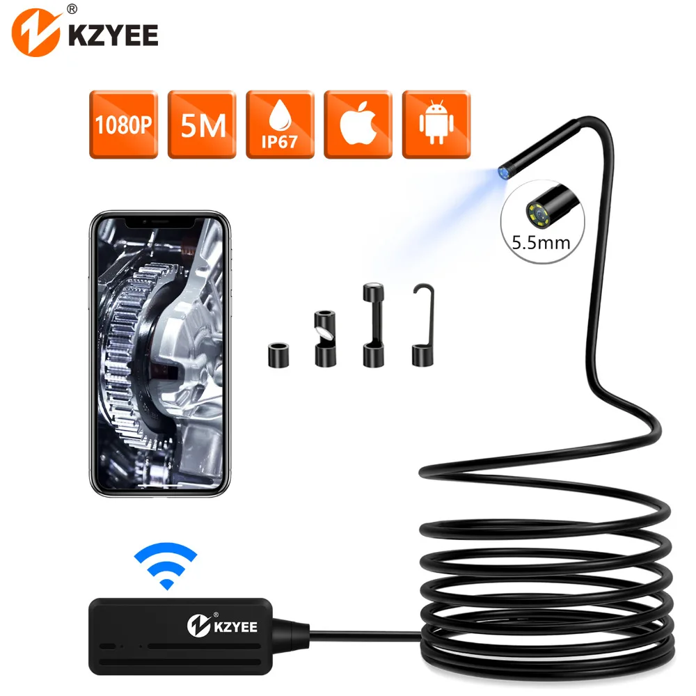 Baratos Cámara de inspección de endoscopio WIFI KZYEE CÁMARA DE endoscopio y boroscopio inalámbrico Cable duro endoscopio WIFI para SmartPhone Android IOS