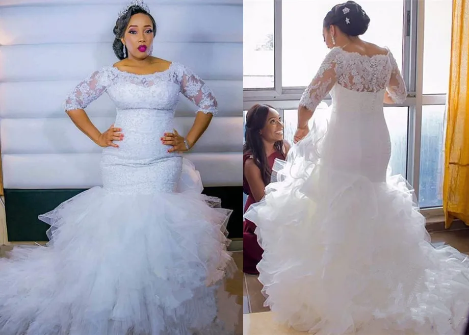 

Robe De Mariage Lace Wedding Dresses For Women 2019 Half sleeve Plus Size Tiered Cascading Ruffles Mermaid Dress Bridal Gowns