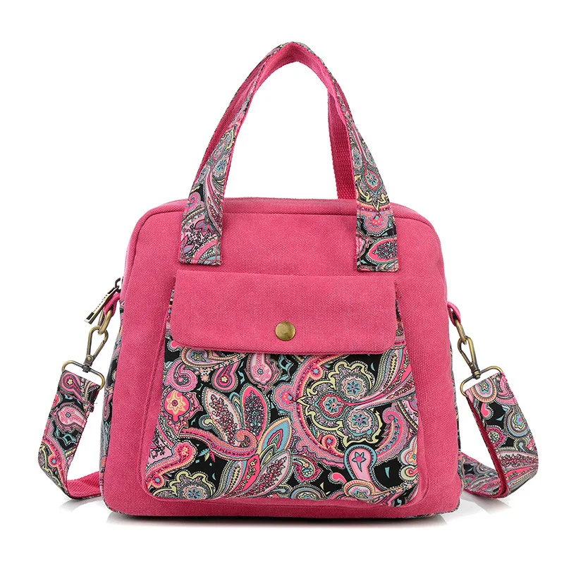 

High Quality New Vintage Women Messenger Bag Ethnic Style Print Flower Canvas Large Tote Fashion Shoulder Bag Ladies Handbag