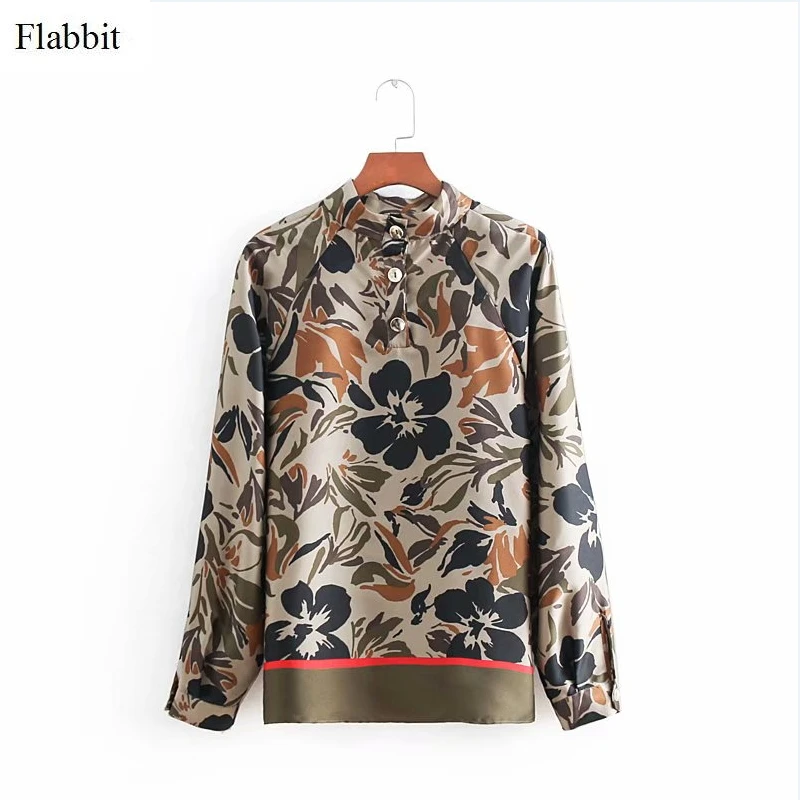 Flabbit ผู้หญิง retro ปกปุ่มดอกไม้พิมพ์เสื้อลำลองเสื้อผู้หญิงเก๋แขนยาว ...