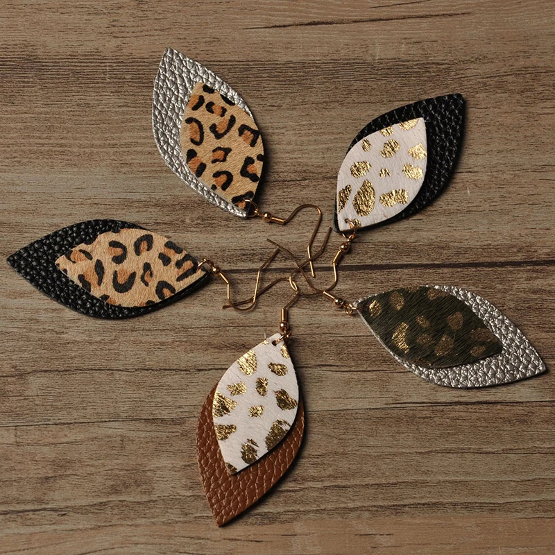 

Double Layer Glitter Leopard Blank Print Genuine Leather Teardrop Leaf Earrings Horse Eye Double Leaf Leather Earrings NEW