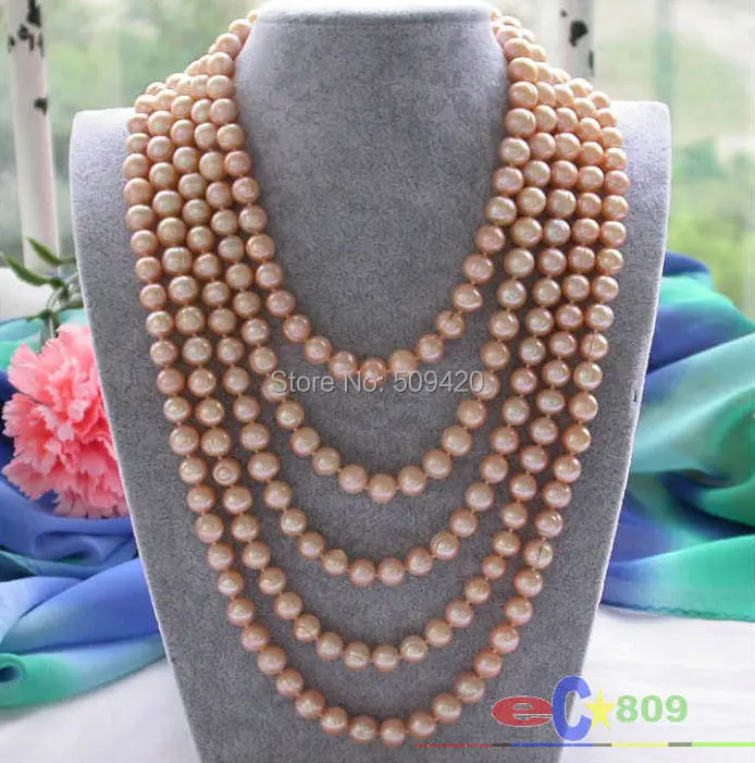 

Free Shipping >>Long 100" 10mm pink round freshwater cultured pearl necklace